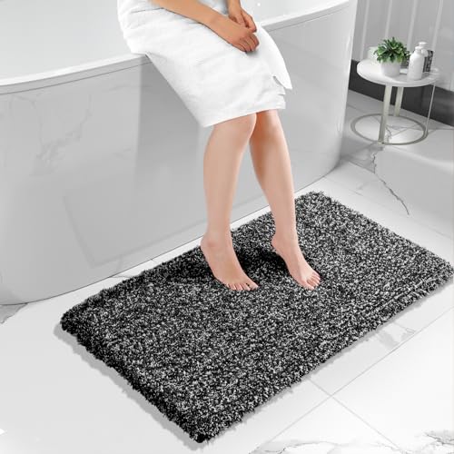Yimobra Luxury Bathroom Rugs, Fluffy Bath Mats, Non Slip, Water Absorbent Microfiber, Machine Washable, Plush Runner Shower Rugs, Thick Matts for Bathroom Floor&Tub, 47" X 24", Black and White - color: Black and White, size: 47" X 24"