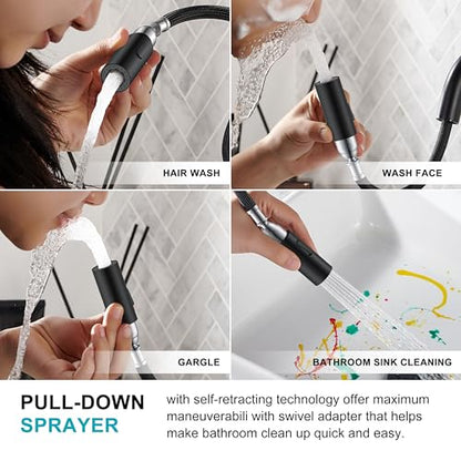 Matte Black 1 Handle Tall Vessel Sink Faucet with Pull Down Sprayer | Vessel Bowl Faucet with Pop Up Drain & Supply Lines, Lead-Free cUPC & NSF Certified, 1 Hole Faucet for Vanity RV Restroom - color: Matte Black, size: Tall
