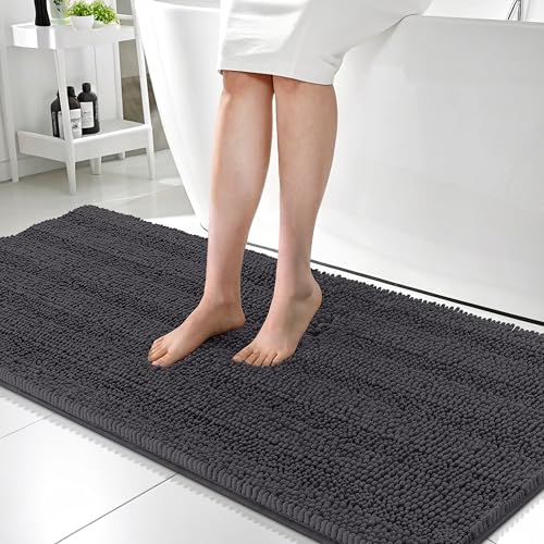 OLANLY Thick Bathroom Runner Rugs 59x24, Soft Chenille Bath Rugs, Dark Grey | Absorbent Striped, Rubber Backing, Machine Wash, Long Bath Mats for Bathroom Floor, Tub and Shower, Home Decor Accessories - color: Dark Grey, size: 59" X 24"