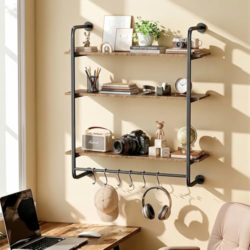 3 Tier Industrial Pipe Floating Shelf, 31.5" Kitchen Wall Shelves | with Towel Bar & 6 Hooks, Coffee Bar Shelves Display Bookshelf Wall Shelf for Kitchen, Bathroom, Home Décor, Rustic Brown - size: 31.5 Inch（3 Tier）