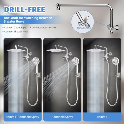 8" Metal Rainfall Shower Head with 10-Mode Handheld, Chrome | NSF/ANSI/CAN 372 Certified, High Pressure Showerhead Combo with 11" Adjustable Shower Arm, 71" Hose, Shower Head Holder - color: Chrome, style: Square 8"