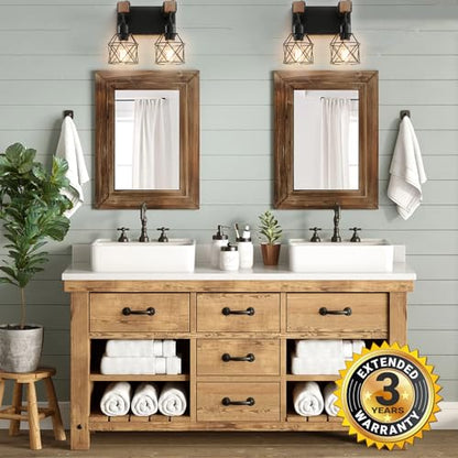 Farmhouse Vanity Light Fixture,2-Light Bathroom Lighting,Black Industrial Wood Wall Light Over Mirror with Metal Shade - color: Black, size: 2-Light-Wide 12"