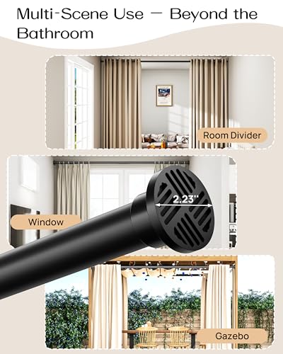 Extra Long Tension Curtain Rod No Drill by EZFurni, 82–123 Inch Heavy Duty Tension Rod with Lock-In Stability, Spring-Loaded Non-Slip Secure Hold for Shower, Window, Patio, 1.26" Diameter, Black - color: Black, size: 82-123 Inches