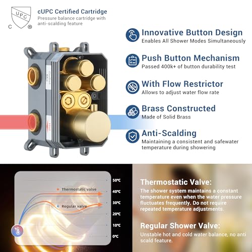 Thermostatic Dual Shower System, Rain Shower Faucet, Brushed Gold | 12 Inch Shower Head, 6 Inch Wall Mount Head, High Pressure Handheld Sprayer, Push Button Valve - color: Brushed Gold