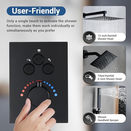 Thermostatic Dual Shower System, Rain Shower Faucet(Matte Black) | 12 Inch Rianfall Shower Head, 6 Inch Wall Mount Head, High Pressure Handheld Sprayer, Push Button Valve - color: Matte Black