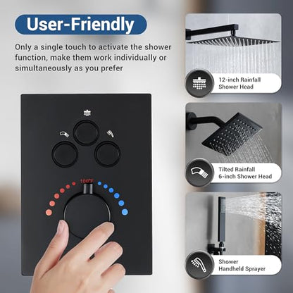 Thermostatic Dual Shower System, Rain Shower Faucet(Matte Black) | 12 Inch Rianfall Shower Head, 6 Inch Wall Mount Head, High Pressure Handheld Sprayer, Push Button Valve - color: Matte Black