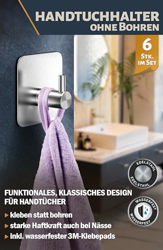 4smile Towel Holder Without Drilling, Set of 6 Bathroom Self-Adhesive Robe Rack as Practical Adhesive Towel Hooks - Sticky Towel Holder, Classic Design