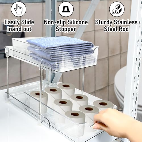 2 Pack Bathroom Storage Organizer with Dividers, 2-Tier Clear Vanity Counter Makeup Storage, Stackable Pull Out Under Sink Organizers for Bathroom Kitchen Pantry