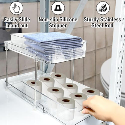 2 Pack Bathroom Storage Organizer with Dividers, 2-Tier Clear Vanity Counter Makeup Storage, Stackable Pull Out Under Sink Organizers for Bathroom Kitchen Pantry