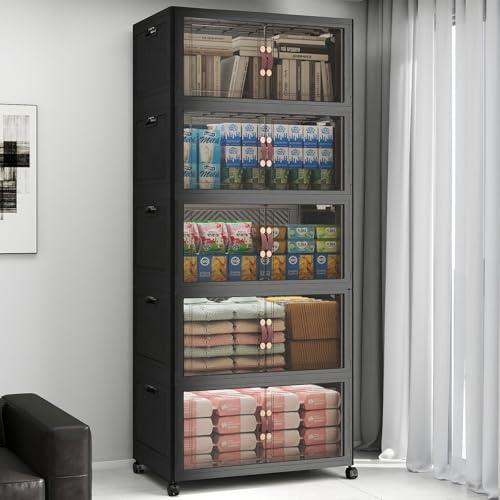 UAMFURI Stackable Storage Bins with Lids, 600QT Lockable Storage Cabinet | Folding Storage Box with Doors and Wheels, Collapsible Plastic Drawers for Home, Garage, Office - color: Black, size: Large