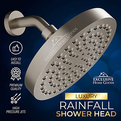 Rainfall Shower Head - 6" High Pressure, 1.8 GPM, Chrome Finish, ABS Plastic, 360 Adjustable, Anti-Clog Rubber Jets - color: Brushed Nickel, size: California 1.8 GPM, 6 Inch Diameter