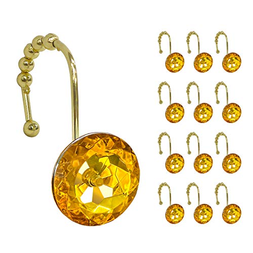Sunlit Luxury Design Round Yellow Diamond Crystal Gem Bling with Glide Balls Shower Curtain Hooks, Rust Proof Metal Rhinestones Glam Shower Curtain Rings-12 Pack - color: Yellow