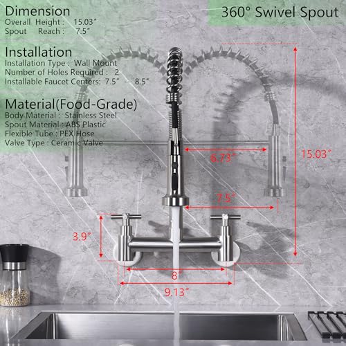 Wall Mount Faucet 8"" Center, Commercial Mixer Tap, Kitchen Sink Faucets | 304 Stainless Steel Constructed, High Arc Dual Handle, Rotatable - color: Style B, Dual Handle