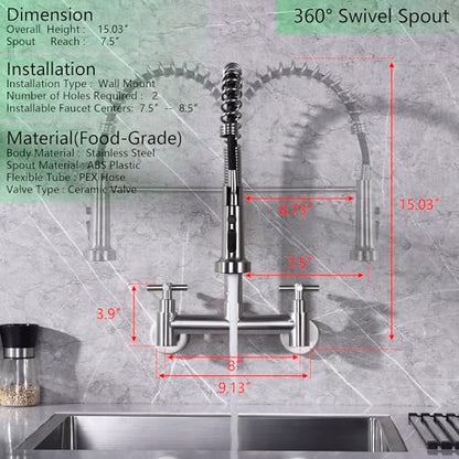 Wall Mount Faucet 8"" Center, Commercial Mixer Tap, Kitchen Sink Faucets | 304 Stainless Steel Constructed, High Arc Dual Handle, Rotatable - color: Style B, Dual Handle
