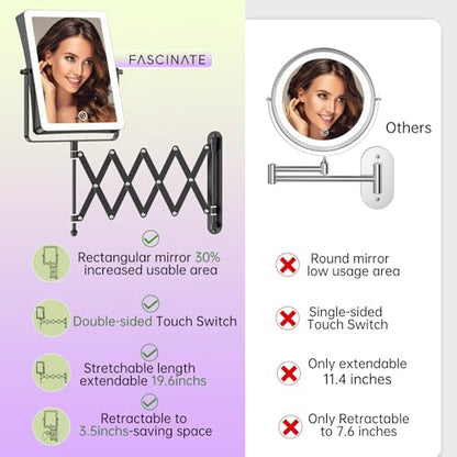 FASCINATE 8.7" 5000mAh Rechargeable Wall Mounted Makeup Mirror (Black) | Double Sided Touch Switch 1X 30X Magnifying Bathroom Mirror, 3 Color Lights, Extended Arm 360°Rotation - color: Black B