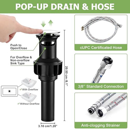 Herogo Bathroom Faucet for Sink 3 Holes Brushed Nickel, 4 Inch 2-Handle Centerset Bathroom Sink Faucet with Pop-Up Drain & Supply Hoses, 18/10 Stainless Steel, for RV Vanity Lavatory - color: Brushed Nickel, style: Cylindrical Handles