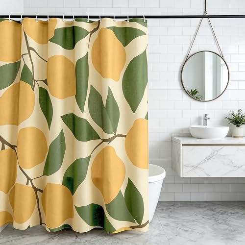 Lemons in Full Bloom Linen Shower Curtain Set with Liner,72" Wx72 L | Double Layer Shower Curtain Waterproof Fabric with Zippered Removable PEVA Liner,Boho Shower Curtain for Bathroom,Free Hooks - color: Lemon