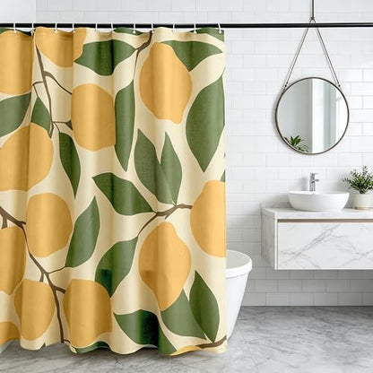 Lemons in Full Bloom Linen Shower Curtain Set with Liner,72" Wx72 L | Double Layer Shower Curtain Waterproof Fabric with Zippered Removable PEVA Liner,Boho Shower Curtain for Bathroom,Free Hooks - color: Lemon