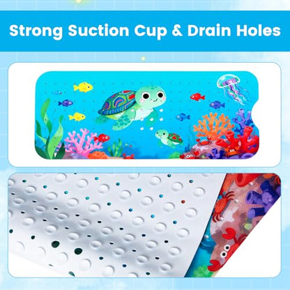 Bath Mat for Tub, Bathtub Mat for Kids Adults, Anti Slip, 40"x16" Extra Long, Suction Cup for Strong Grip, Eco Friendly, Easy Clean,Under The Sea Design (Light Blue) - color: Light Blue
