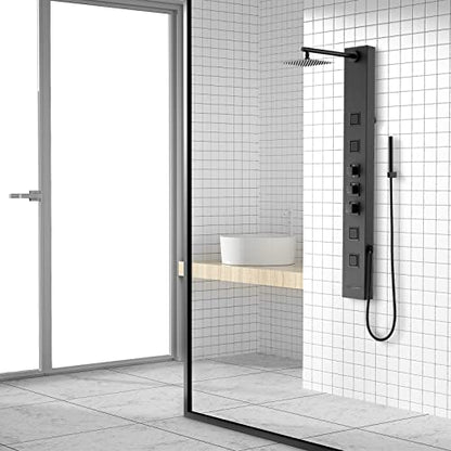 Achelous Square Rainfall Shower Head Panel System with Thermostatic,Stainless Steel High Pressure Turbo Body Jets Waterfall Shower Tower,Brass Handheld Wand in Matte Black - style: Square