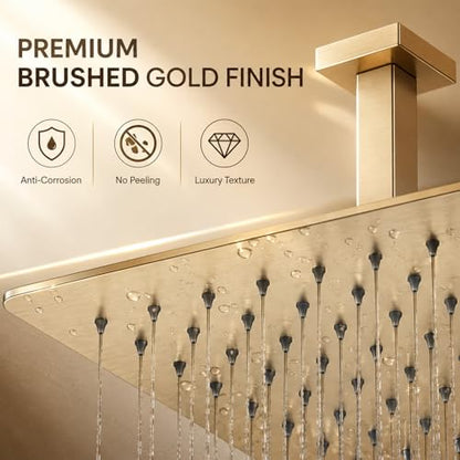 Rainfall Shower Head, BSTIIU 16 Inch Square Ceiling Mount Shower Head, Extra Large Stainless Steel Shower Head, Ultra Thin Waterfall Showerhead, Brushed Gold - color: Brushed Gold, size: 16-Inches, style: Square