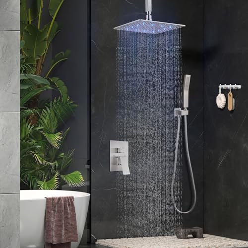 Aolemi Ceiling Shower Faucet Set with Handheld 12" LED Head Brushed Nickel | Handheld Spray,12 Inch Rain LED Head,Shower Valve and Trim Kit,All Metal,Ceiling System,Bathroom Mixer - color: Nickel, size: 12 Inch LED Shower Head