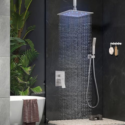 Aolemi Ceiling Shower Faucet Set with Handheld 12" LED Head Brushed Nickel | Handheld Spray,12 Inch Rain LED Head,Shower Valve and Trim Kit,All Metal,Ceiling System,Bathroom Mixer - color: Nickel, size: 12 Inch LED Shower Head