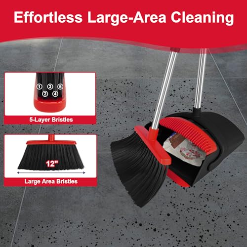 Broom and Dustpan Combo Set, 51" Long Handle with Silicone Squeegee | Wet & Dry Cleaning for Pet Areas, Built-in Comb Dustpan, Foldable Space-Saving Storage, Multi-Surface Floor Cleaning - color: Red