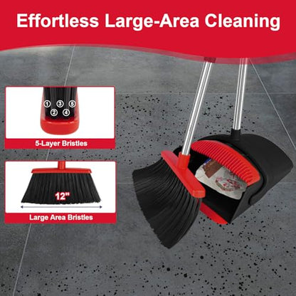 Broom and Dustpan Combo Set, 51" Long Handle with Silicone Squeegee | Wet & Dry Cleaning for Pet Areas, Built-in Comb Dustpan, Foldable Space-Saving Storage, Multi-Surface Floor Cleaning - color: Red