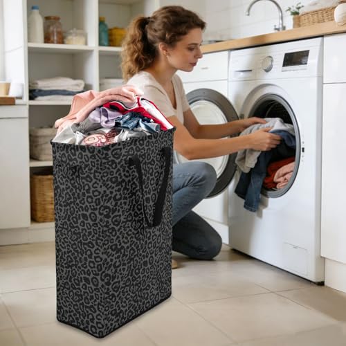 Gray Leopard Cheetah Laundry Hamper Dirty Clothes Laundry Basket Bin for Bedroom Bathroom with Handles Slim Tall Collapsible Waterproof Freestanding 48L - color: Gray Leopard Cheetah