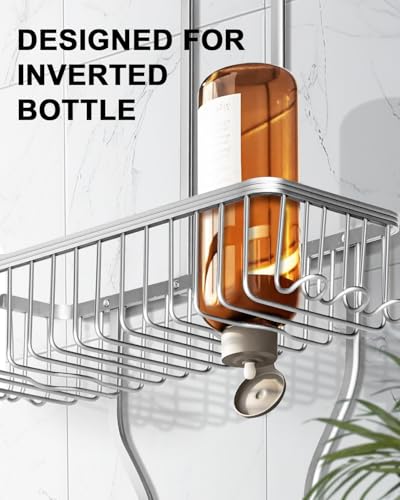 Shower Caddy Hanging - Never Rust Shower Hanging Organizer - Aluminum Over the ShowerHead Caddy with 6 Hooks for Razor/Sponge (Silver) - color: Silver