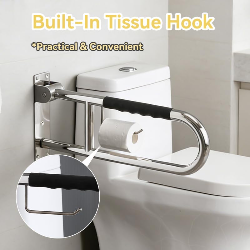 31.5 Inch Toilet Grab Bar, Chrome Flip-Up Bathroom Grab Bar with Paper Holder, Non-Slip Soft Silicone Grips Handicap Grab Bars, 304 Stainless Steel Handicap Grab Bars for Elderly, Disabled, Pregnant - color: Polished Chrome