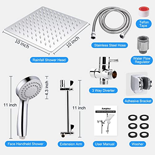 Shower Head, Kaqinu 10'' High Pressure Rainfall Shower Head/Handheld Showerhead Combo with 11” Extension Arm, Anti-leak Shower Head with Holder/Hose, Flow Regulator - Chrome - color: Silver, size: 10 Inch