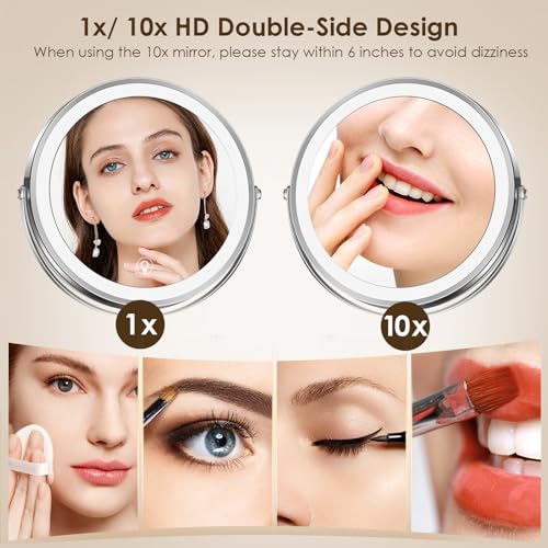 MNIENT Wall Mounted Lighted Makeup Mirror, 1x/10x Rechargeable Magnifying | 3 Colors, Adjustable Brightness Mirror, Double-Sided, 360° Rotation Foldable Led Vanity Mirror with Lights