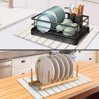 Large Stone Dish Drying Mat for Kitchen Counter, 24"(L)×16"(W) Fast Dry Super Absorbent Collapsible Dish Drying Mats, Eco-Friendly Diatomaceous Earth Mats for Dishes Bottles Cups,Match Any Countertop - size: 24" x 16"