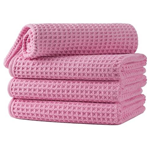 Microfiber Waffle Hand Towels, 4 Pieces, Soft, Absorbent, Fast Drying, Lint Free 430 GSM (16''x26''/40.64cm x 66.04cm) - color: Pink