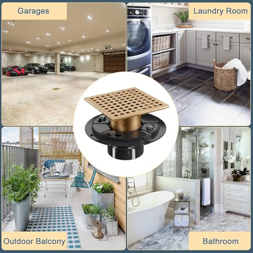 4" Square Shower Drain Kit, Champagne Bronze | ABS Flange & Hair Catcher, Low Profile Floor Drain, 304 Stainless Steel, Fits 2"/3" Pipes - color: Champagne Bronze