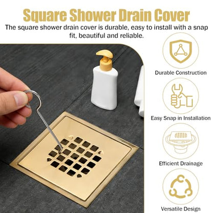4-1/4 in Square Snap-in Shower Drain Cover - 2 Pcs | Square，Golden brushed wire