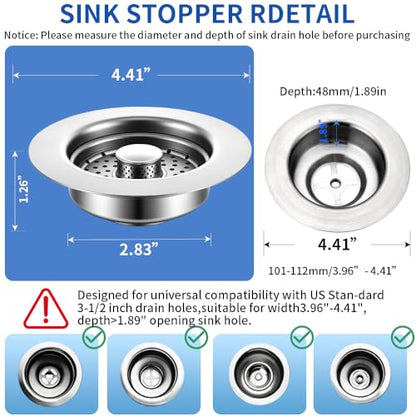 Sink Drain Strainer - Sink Stopper, 3-in-1 Kitchen Stainless Steel Drain Plug with Anti-Clog Basket, Pop-Up Cover