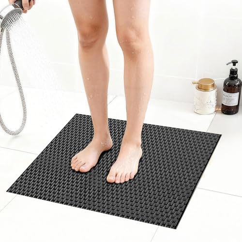 Extra Large Non-Slip Shower Mat, Fast-Dry PVC Bath Stall & Tub Mat, Drain-Hole Design,for Shower Stall Tub for Elderly/Kids，Non Slip Bathroom Safety Accessory，Black 24"x24" - color: Black, size: 24" x 24" (Rectangular)