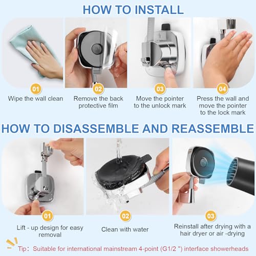 Shower Head Holder,360° Adjustable Shower Holder for Wall RV,Removable Suction Cup Handheld Shower Head Holder,Waterproof Shower Handle Holder,No Drill,Bathroom Accessories,Polished Chrome