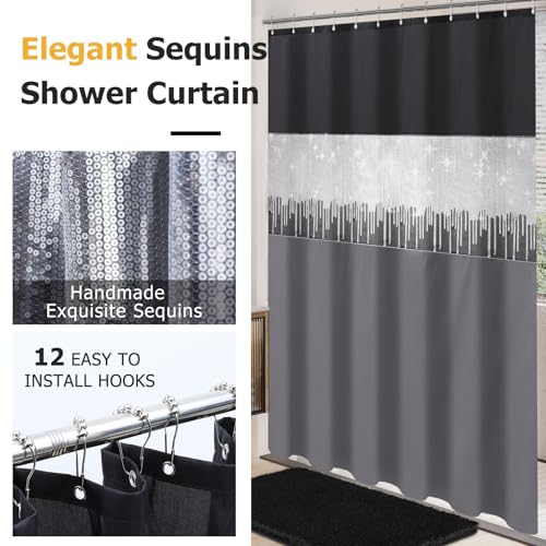 XLHOMO Bathroom Sets with Shower Curtain and Rugs,24PCS Black Bathroom Set Shower Curtain Set with Bathroom Trash Can Bathroom Accessories - size: Bath Set+Shower Curtain+Bath Rugs, style: Black
