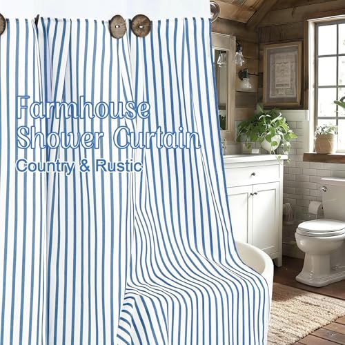 ASPMIZ Farmhouse Striped Shower Curtain and Liner Set No Hook, Blue 71x74 | No Hook Shower Curtain with Snap in Liner Fabric, Rustic Washable Waterproof Bathroom Curtains with Button, Mesh Top Window - color: Blue Striped, size: 71"W x 74"L (Pack of 1), s