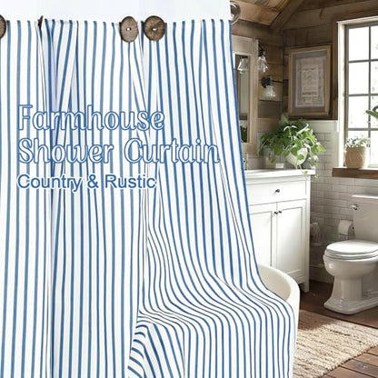 ASPMIZ Farmhouse Striped Shower Curtain and Liner Set No Hook, Blue 71x74 | No Hook Shower Curtain with Snap in Liner Fabric, Rustic Washable Waterproof Bathroom Curtains with Button, Mesh Top Window - color: Blue Striped, size: 71"W x 74"L (Pack of 1), s