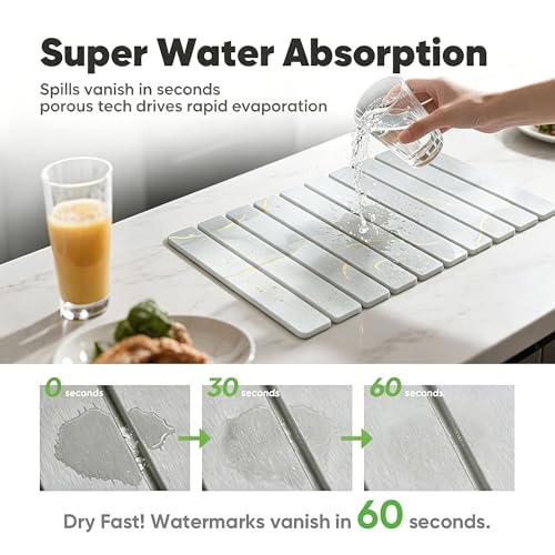 Stone Drying Mat for Kitchen Counter, Quick Diatomaceous Earth Mats for Dishes, 24"L x 16" W Super Absorbent Fast-Drying Collapsible Countertop Stone Mat (Marble White Yellow, 24" x 16") - color: Marble White Yellow