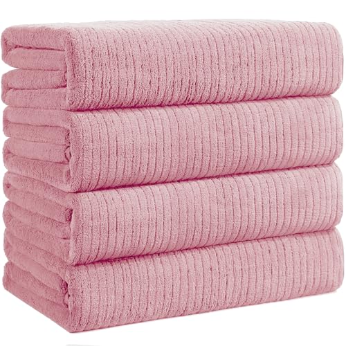 Bath Towels Set of 4 Extra Large 35 x 70 Inches,Luxury Thick High Absorbent and Quick Dry Bath Sheet,Ultra Soft Microfiber,Bathroom,Beach,Yoga,Sport,SPA,Fitness (Pink) - color: Pink, style: 4 Piece Bath Towels
