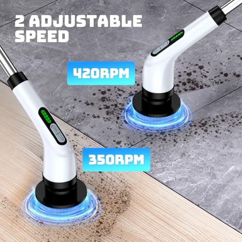 Electric Spin Scrubber, 2-Speed Cleaning Brush, Extendable Handle (White) | Includes 7 reusable brush heads and an IPX7-rated design for cleaning bathrooms, showers, kitchens, tile, floors, and grout - color: White
