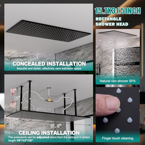 HOMEDEC 15.7x31.5" Ceiling Mounted Rainfall and 6" Wall Mounted Shower Heads with 6 Body Jets, Dual Shower Head System Rain Shower Faucet Set, Black - color: Black, style: 4-Way + 1x 6" Top