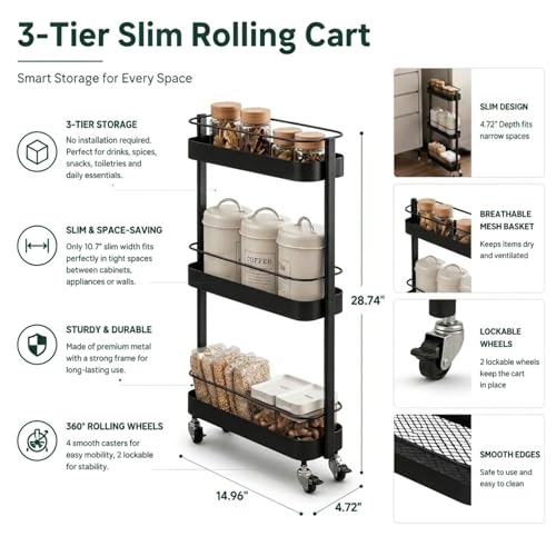 Rolling Storage Cart, 3 Tier Bathroom Organizer Mobile Shelving Unit, Metal Utility Cart Tower Rack for Kitchen Laundry Narrow Places(Fully Assembled Furniture, Black) - color: Black