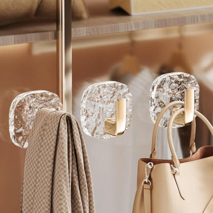 Stick on Towel Hook 4 Pieces Waterproof Coat Hanger | Water Wave Texture Adhesive Wall Towel Hooks for Toilet Shower Door Clothing Coat Purse Key Hat Backpack Bag Wreath - color: Gold